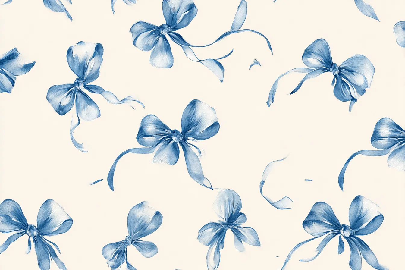 リボン背景とブルーモノトーン画|クリーム色の背景に青一色で描かれたリボンが舞うように散りばめられたデザイン。繊細な筆のタッチが美しく、クラシックな品と静かな動きが漂う上質な雰囲気。