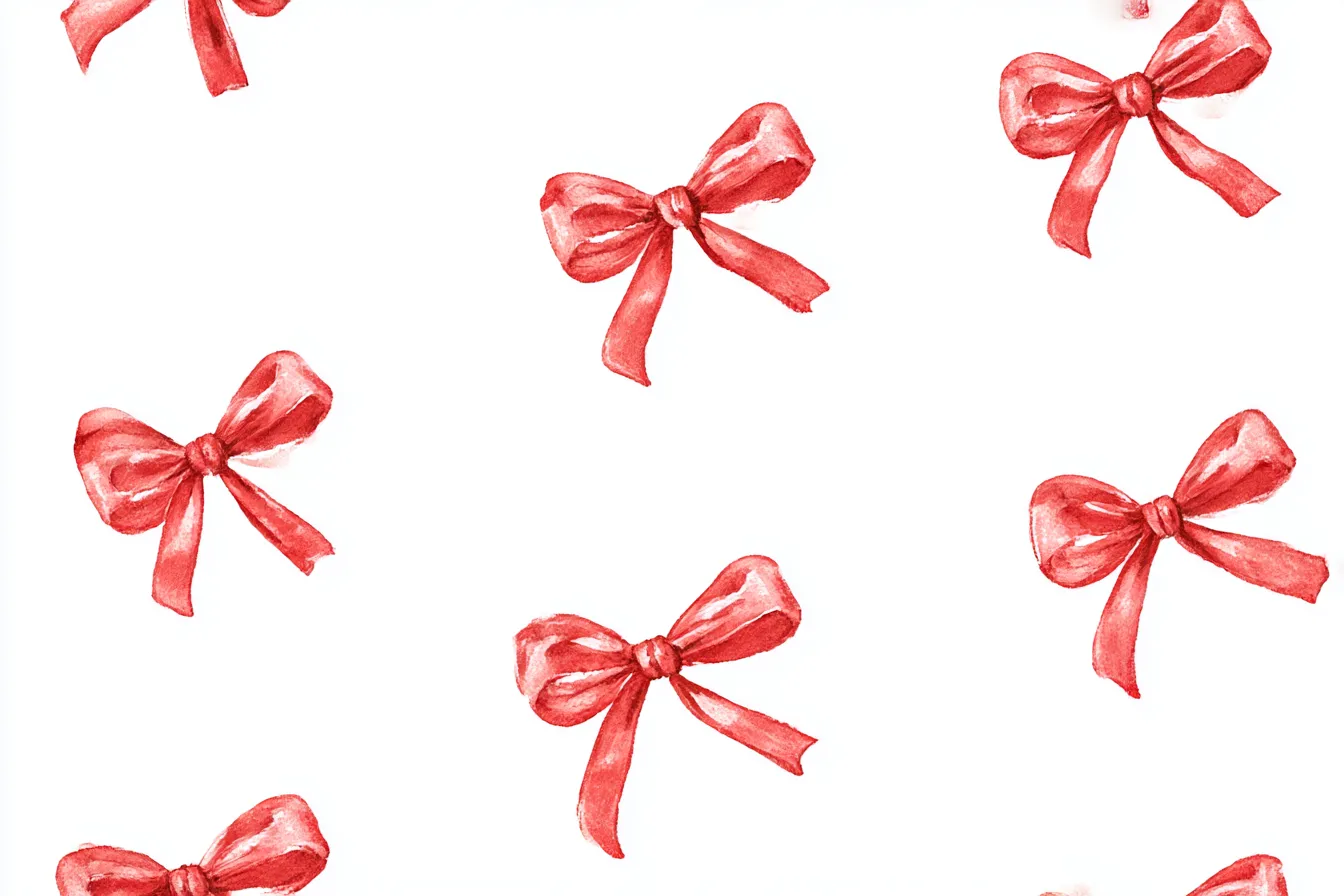 リボン背景と水彩レッドパターン|真っ白な背景に、艶感のある赤リボンがバランスよく配置された水彩タッチの構図。可愛さの中に情熱を感じさせ、ナチュラルで華やかなガーリームードを演出。