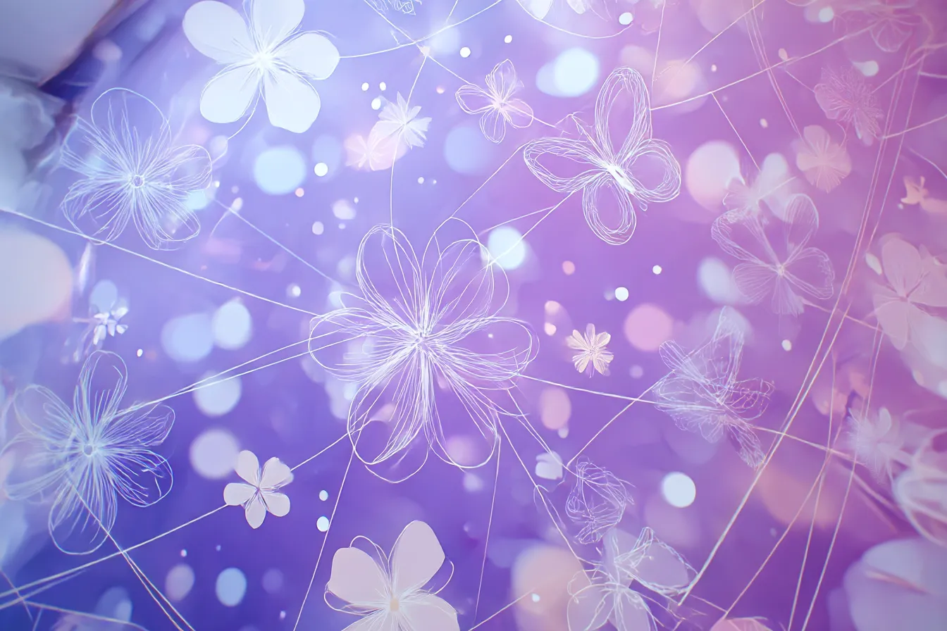 Y2K背景・線画フラワーとバタフライ|淡い紫からピンクにかけてのグラデーションに、繊細な白線で描かれた花と蝶が浮かぶY2K風の幻想的な背景。きらめきと透明感が儚さと夢感を演出します。
