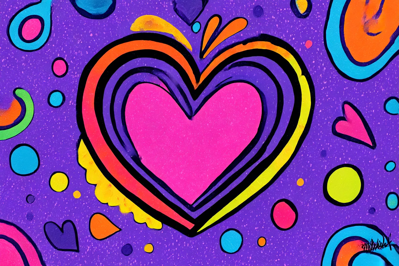 Y2K背景・カラフルハートポップアート|紫地にビビッドなピンクやオレンジ、ブルーのドットやハートが躍る、ネオン調ポップアート風Y2K背景。ポジティブで弾けるようなエネルギーが魅力です。