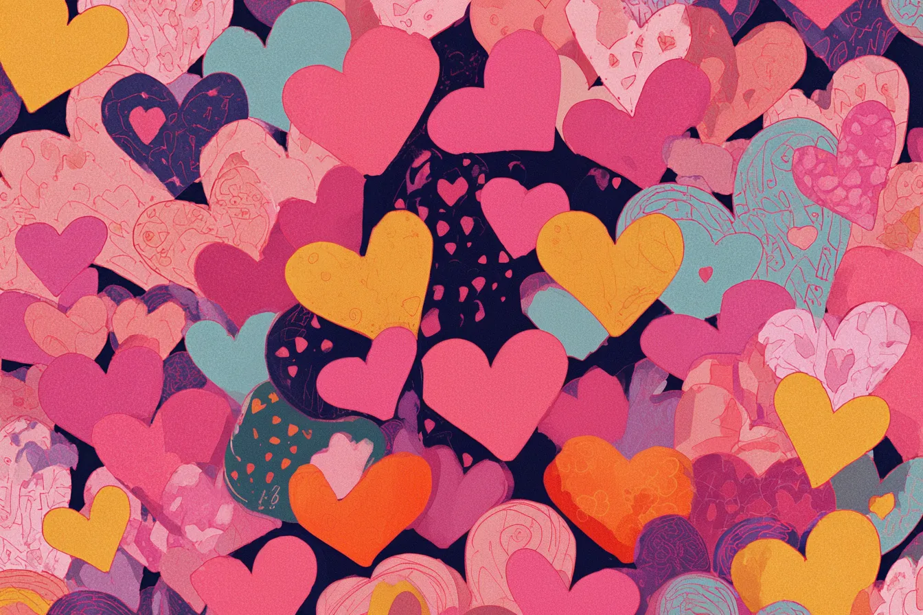 Y2K背景・手描きハートのラブパターン|無数の手描き風ハートが重なり合う、パステルとビビッドが混ざるY2Kテイストの背景。恋や友情を象徴するような温もりとにぎやかさを感じさせます。