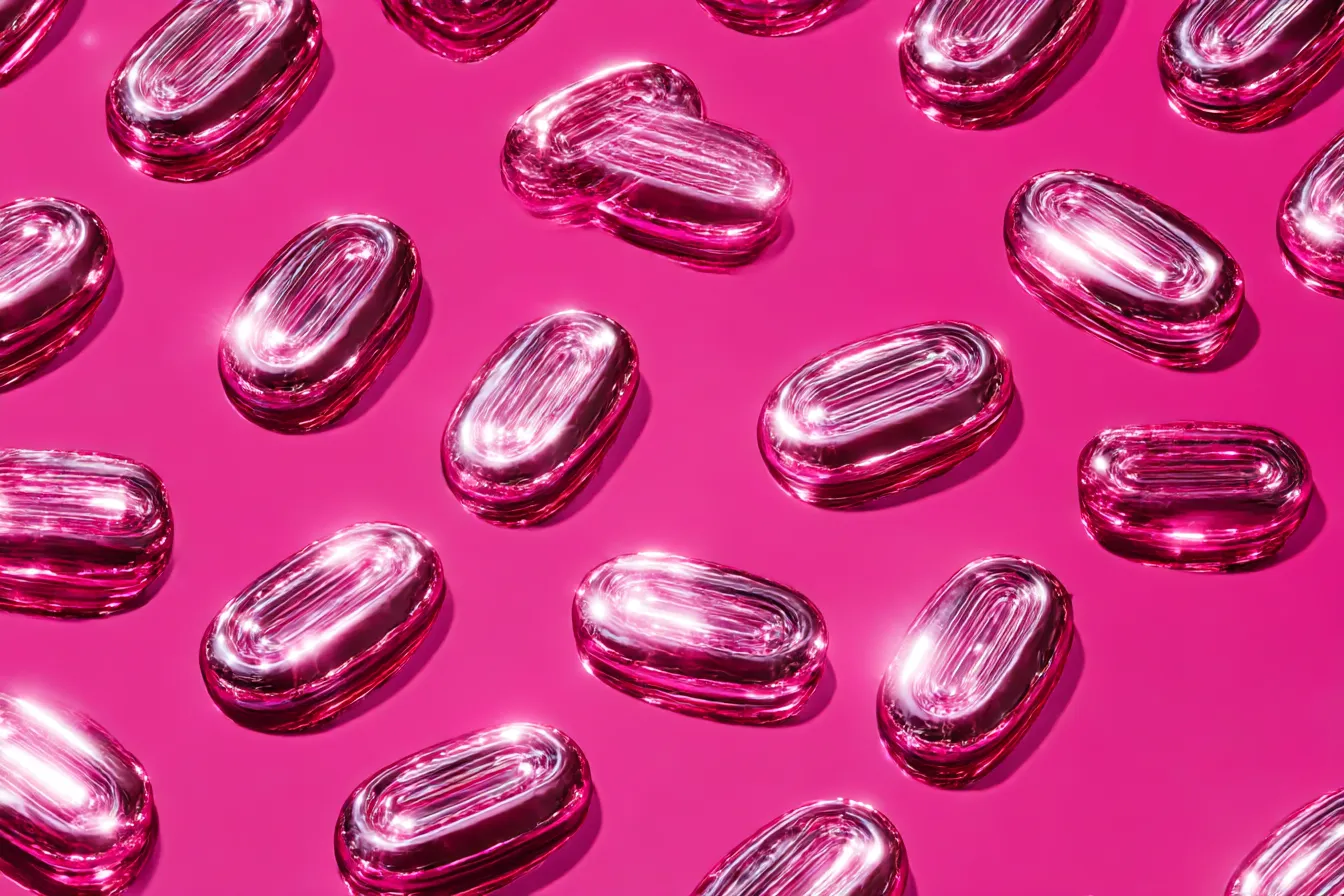Y2K背景・キャンディジェルパターン|光沢感あるピンクのジェル状カプセルが並ぶ、Y2K特有のつやめき素材系背景。近未来的かつガーリーな質感で、クールで甘い印象を与えます。