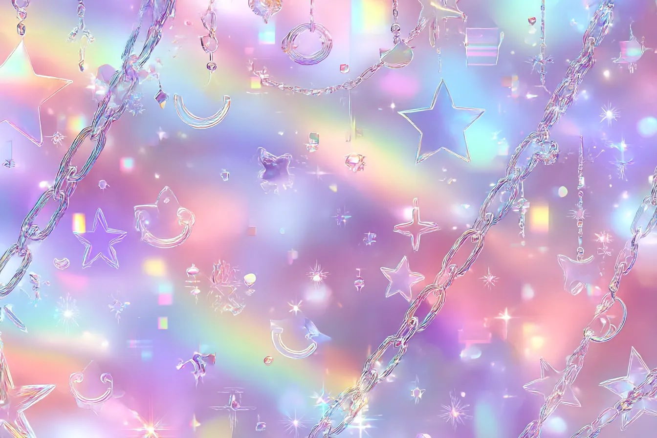 Y2K背景・キラキラクリアパーツチェーン|虹色のぼかし背景にガラスのような星や月のクリアパーツが吊られたY2K風背景。チェーンやきらめきがファンタジーとラグジュアリーを融合させています。