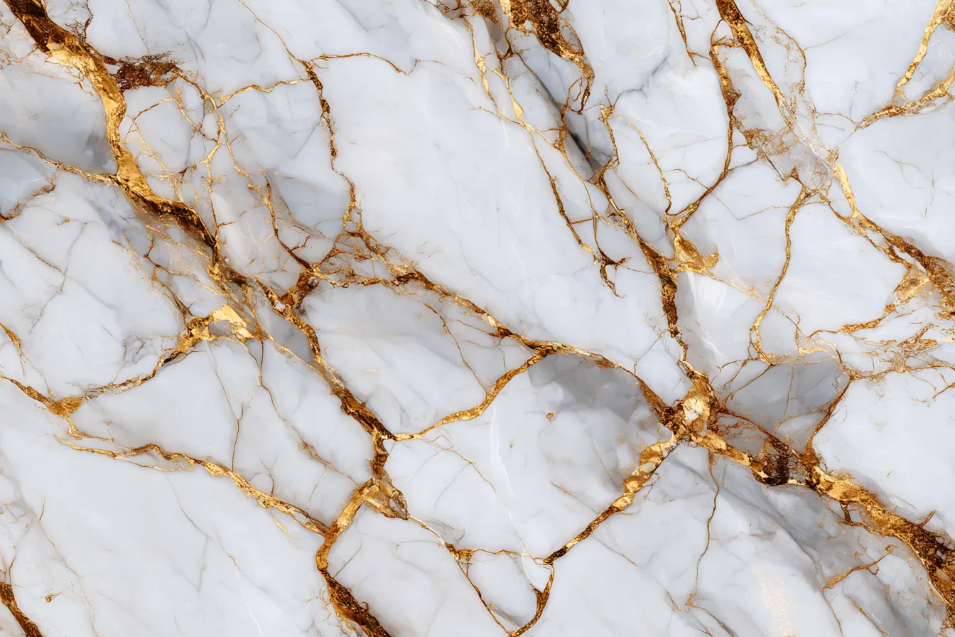 大理石背景・白地にゴールドのクラック｜純白の大理石にゴールドのひび模様が走るラグジュアリーな背景。高級感と洗練さが漂い、上品で華やかな印象を与えます。