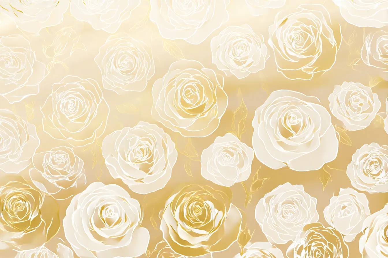 薔薇背景・ゴールド×ホワイトローズ｜全体に敷き詰められたホワイトローズが繊細なゴールドで縁取られたラグジュアリーな薔薇背景。背景全体に優雅さと高級感が広がります。