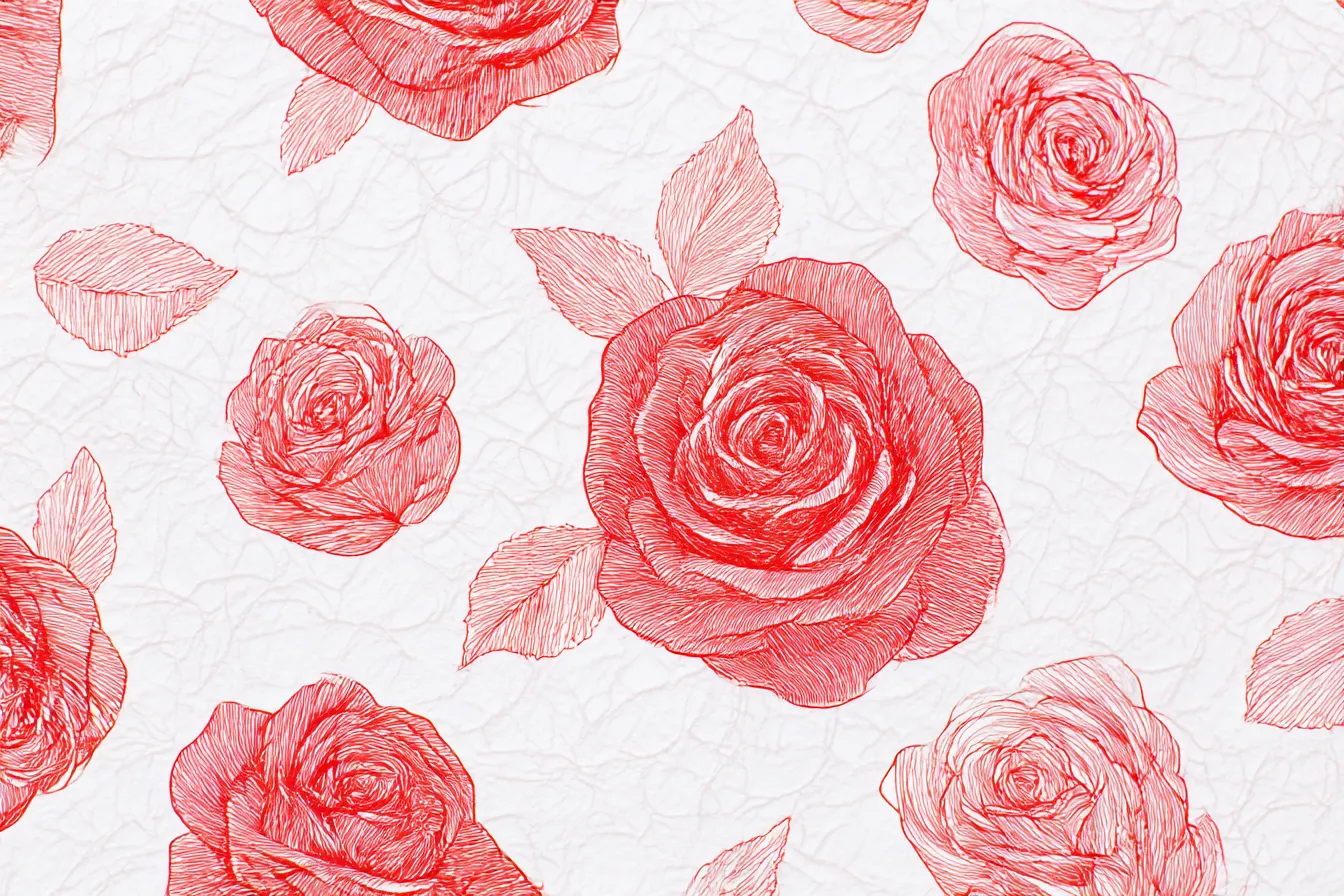 薔薇背景・赤い線画ローズ模様｜赤い繊細な線画で描かれた薔薇が白地に浮かぶクラシカルな背景。手描き風の温かさと洗練された雰囲気が融合した印象です。