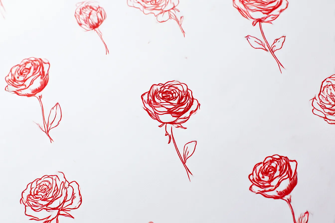 薔薇背景・ミニマル赤インクローズ｜白い紙の上に赤インクでさらりと描かれたようなミニマルな薔薇背景。清潔感と繊細さを兼ね備えたアート性の高いデザインです。