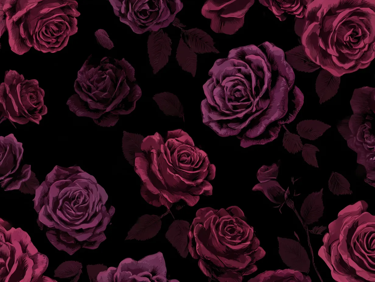 薔薇背景・黒地に咲く深紅のローズ｜黒背景に浮かび上がる深紅や紫の薔薇が印象的なゴシック系の薔薇背景。ロマンチックかつミステリアスな雰囲気を漂わせます。