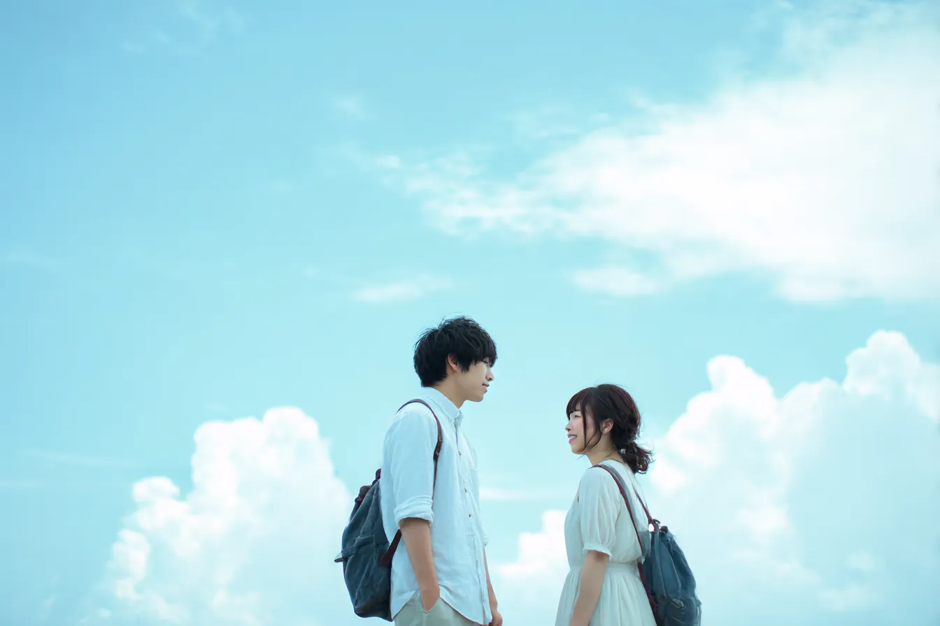 ペア画背景・夏空を見つめ合う二人|真夏の青空と白い雲を背景に、見つめ合う男女が並ぶ清涼感あるペア画背景。淡い光と素朴な服装が青春の儚さと純粋さを際立たせています。
