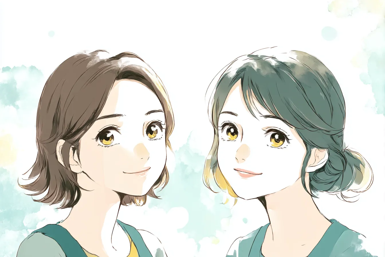 ペア画背景・笑顔の双子風ガールズ|水彩タッチで描かれた笑顔の女の子二人が優しく寄り添うペア画背景。柔らかな配色とタッチが、親密さや穏やかな関係性を表現しています。