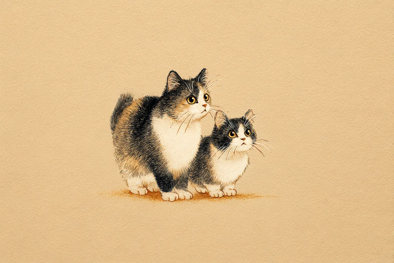 ペア画背景・寄り添う猫の親子イラスト|生成りの紙に精密に描かれた親子のような猫二匹のペア画背景。落ち着いた色味と細密線画が、静かで温かな雰囲気を醸します。