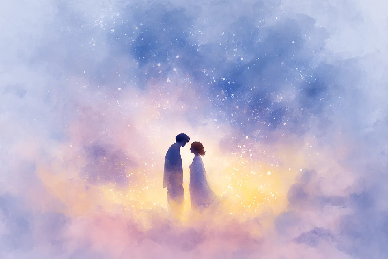 ペア画背景・光に包まれる男女シルエット|幻想的な空間の中で光に包まれる二人のシルエットが浮かぶペア画背景。淡く広がる色彩が幻想とロマンスを表現し、夢のような一枚です。