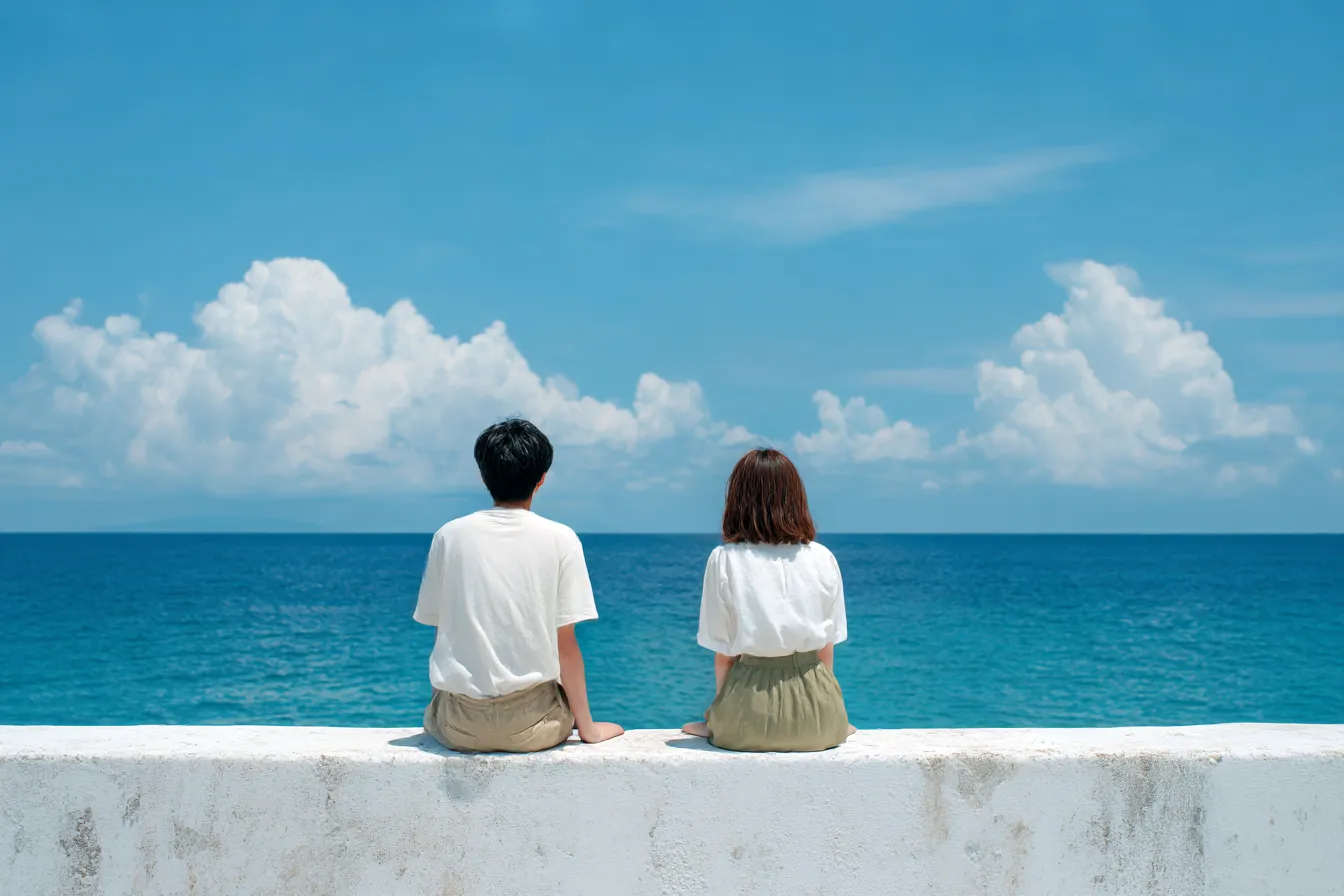 ペア画背景・海辺で並ぶ後ろ姿|紺碧の海と真夏の空を背に並んで座るカップルのペア画背景。背中合わせの構図が穏やかな時間と距離感を描き出しています。