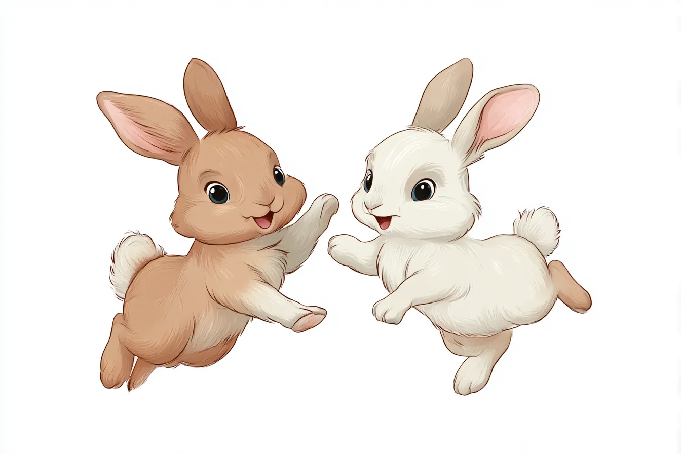 ペア画背景・じゃれあう双子うさぎ|元気いっぱいにジャンプする2匹のうさぎが描かれたポップなペア画背景。親しみやすいデフォルメ調で、元気と癒しを同時に感じられます。