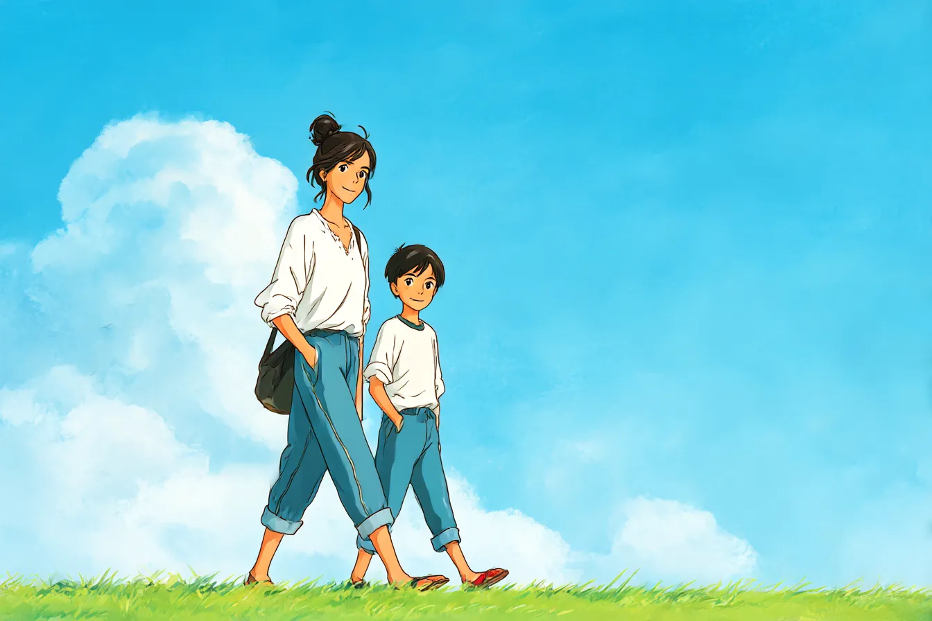 ペア画背景・母子で草原を歩く風景|ジブリ風のタッチで描かれた親子が青空の下を歩くペア画背景。自然の美しさと日常の温かさが融合した、懐かしく優しい一枚です。