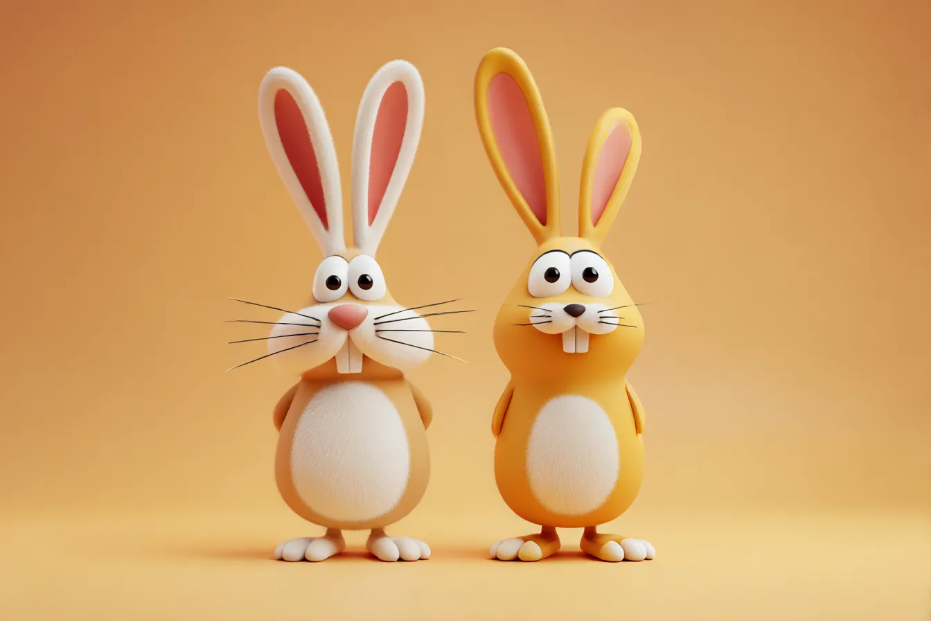ペア画背景・コミカルなうさぎコンビ|立ち姿で並んだ個性豊かなうさぎキャラ2匹が印象的なペア画背景。3D風の質感と明るい背景色がユーモラスな雰囲気を演出しています。