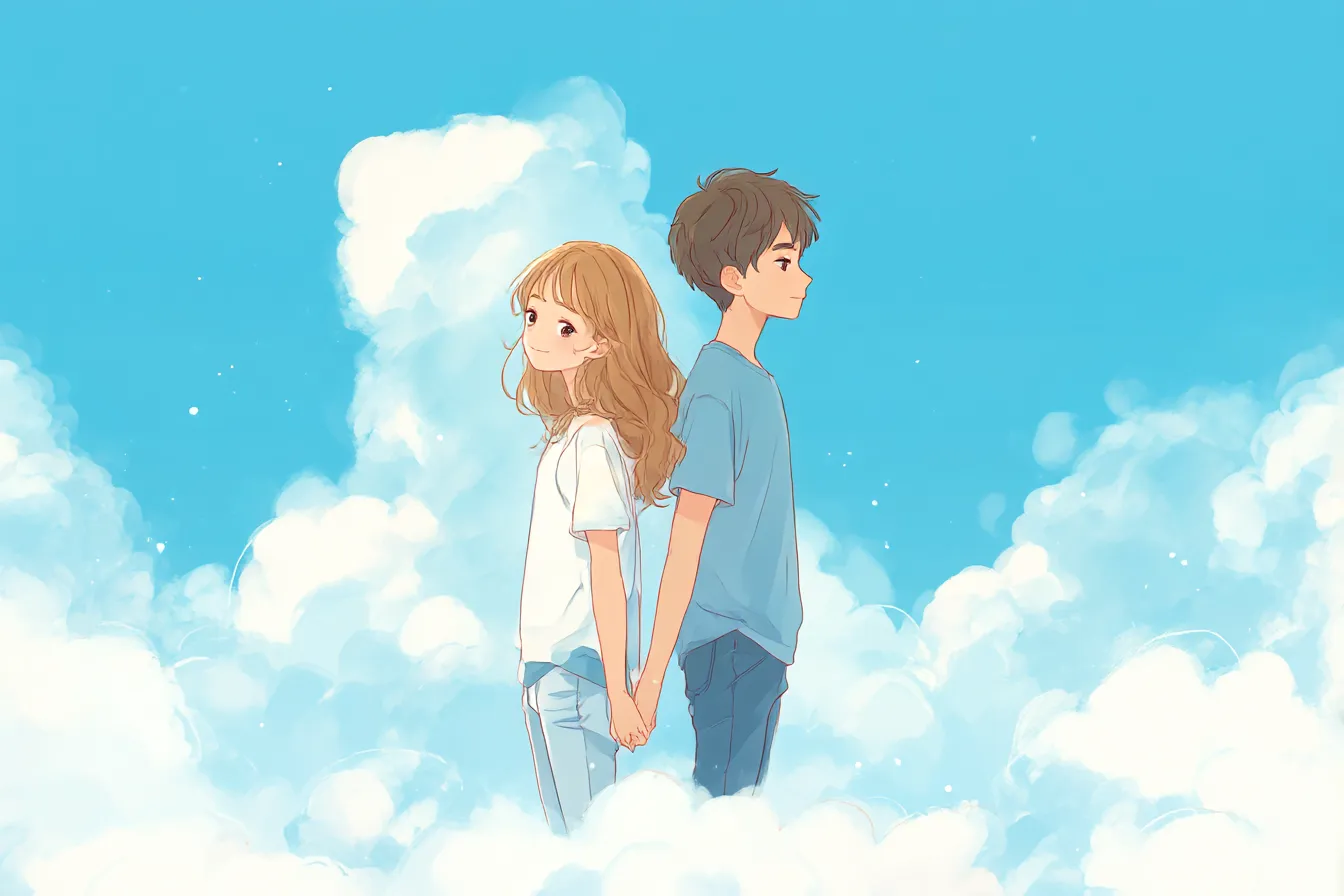 ペア画背景・雲上の手つなぎ男女|爽やかな青空と雲の中で手をつなぐ男女のアニメ風ペア画背景。空の透明感と優しい筆致が、青春の甘酸っぱさを表現しています。