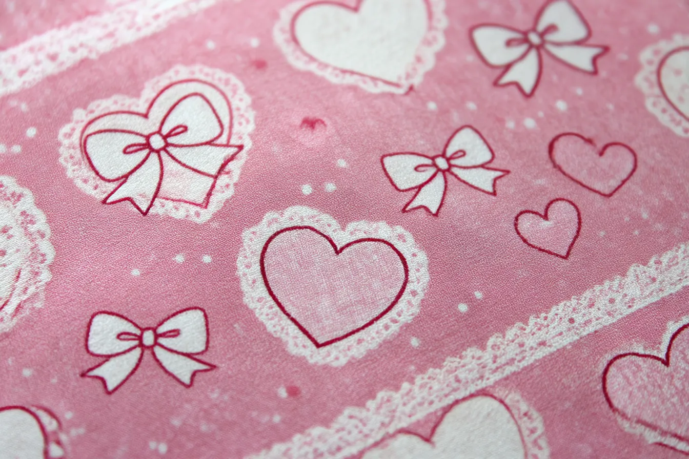 量産型背景・ハートとリボン柄｜ピンクの布地にハートとリボンをあしらったデザイン。レースやドットも加わり、ガーリーでやさしい雰囲気。ゆめかわ系やロリータ風の量産型背景に最適。