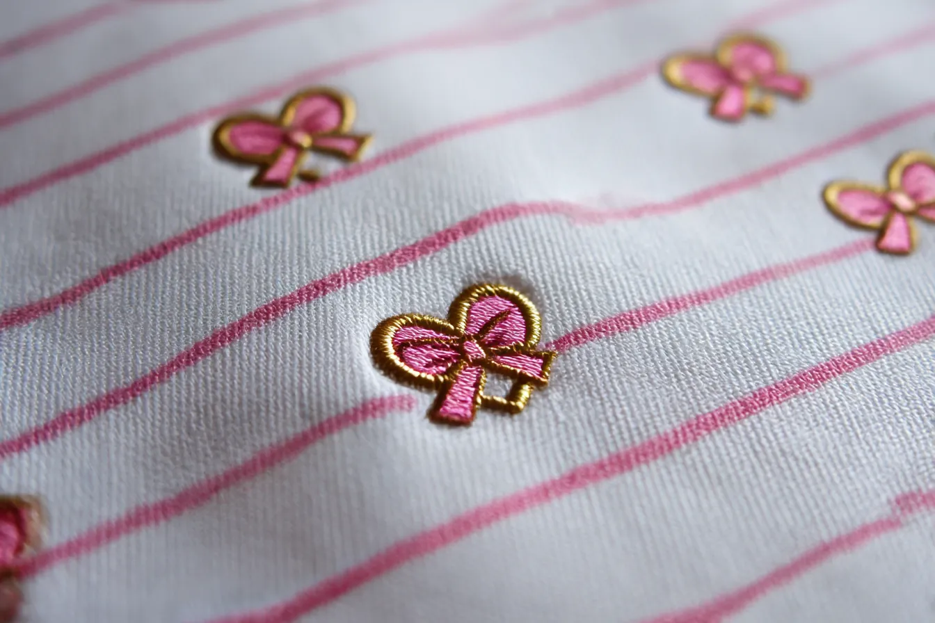 量産型背景・刺繍リボンとストライプ｜白地にピンクのラインと、金縁のハート型リボン刺繍が並ぶ上品な背景。高級感と可憐さを両立した量産型のアイドル系ビジュアルにぴったり。