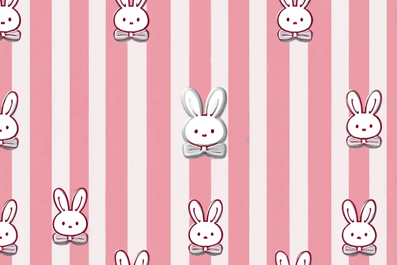 量産型背景・うさぎとリボンのストライプ｜ピンク×白のストライプ上にリボンを付けたうさぎ顔がリズミカルに配置された背景。甘くてポップな量産型うさガーリーデザイン。