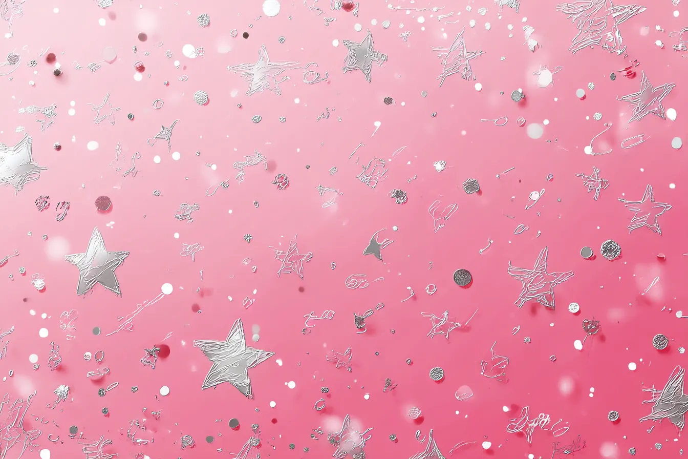 量産型背景・ピンクと銀の星空ドット｜淡いピンクに銀の星やドットがきらめく背景。メルヘンで幻想的な印象で、ドリーミーな世界観を演出できる量産型の魔法少女系背景。