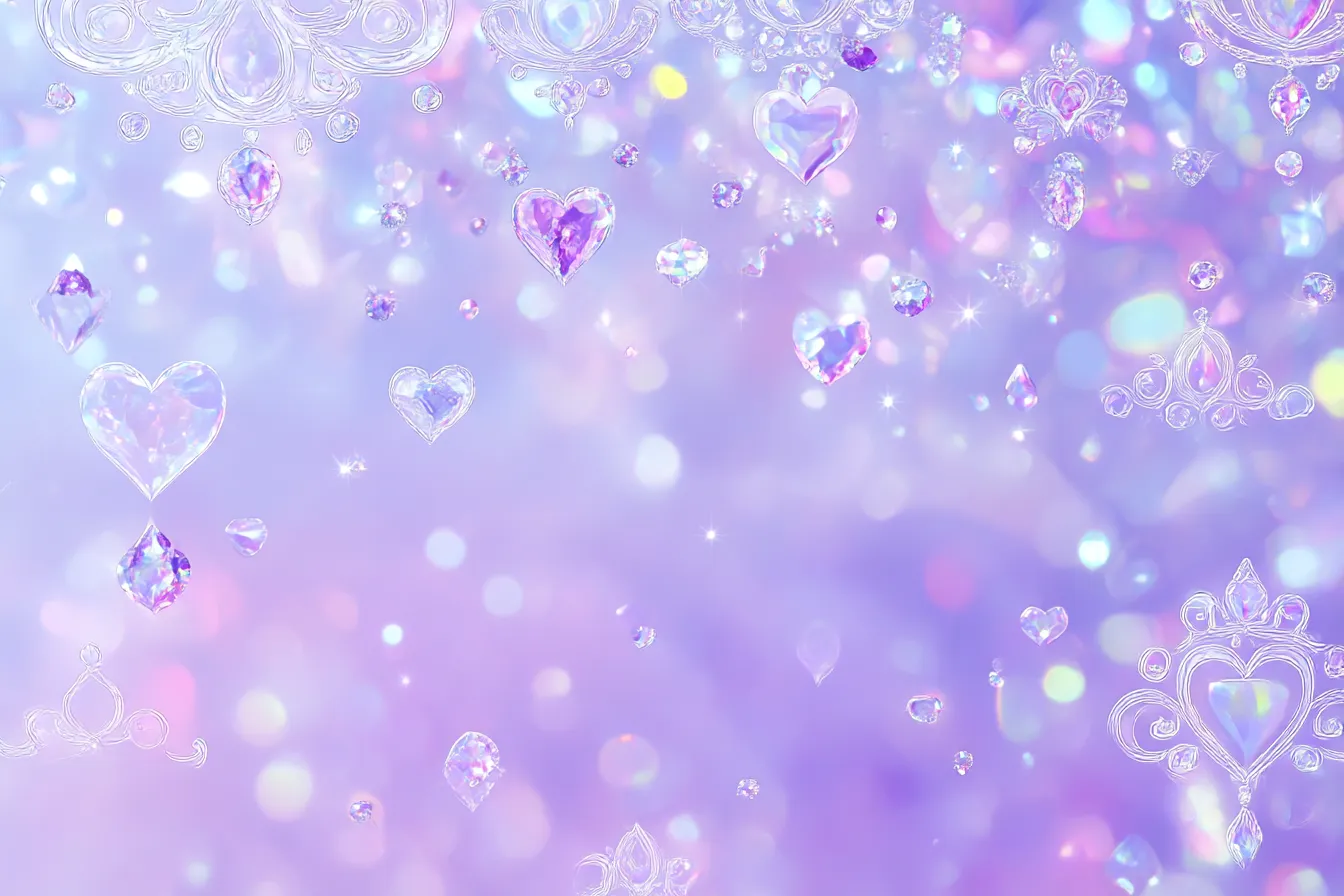 量産型背景・宝石ハートとティアラ｜キラキラ輝くハート型宝石とティアラモチーフが散りばめられたラベンダーカラーの背景。きらびやかな量産型姫系イメージを構築。
