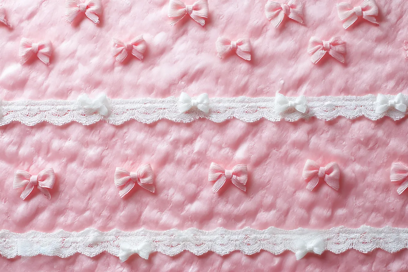 量産型背景・レースと立体リボン｜ピンクのふわふわしたテクスチャに白いレースと立体リボンが均等に並ぶ、柔らかくて立体感のある背景。量産型のふんわり甘めガーリー系。