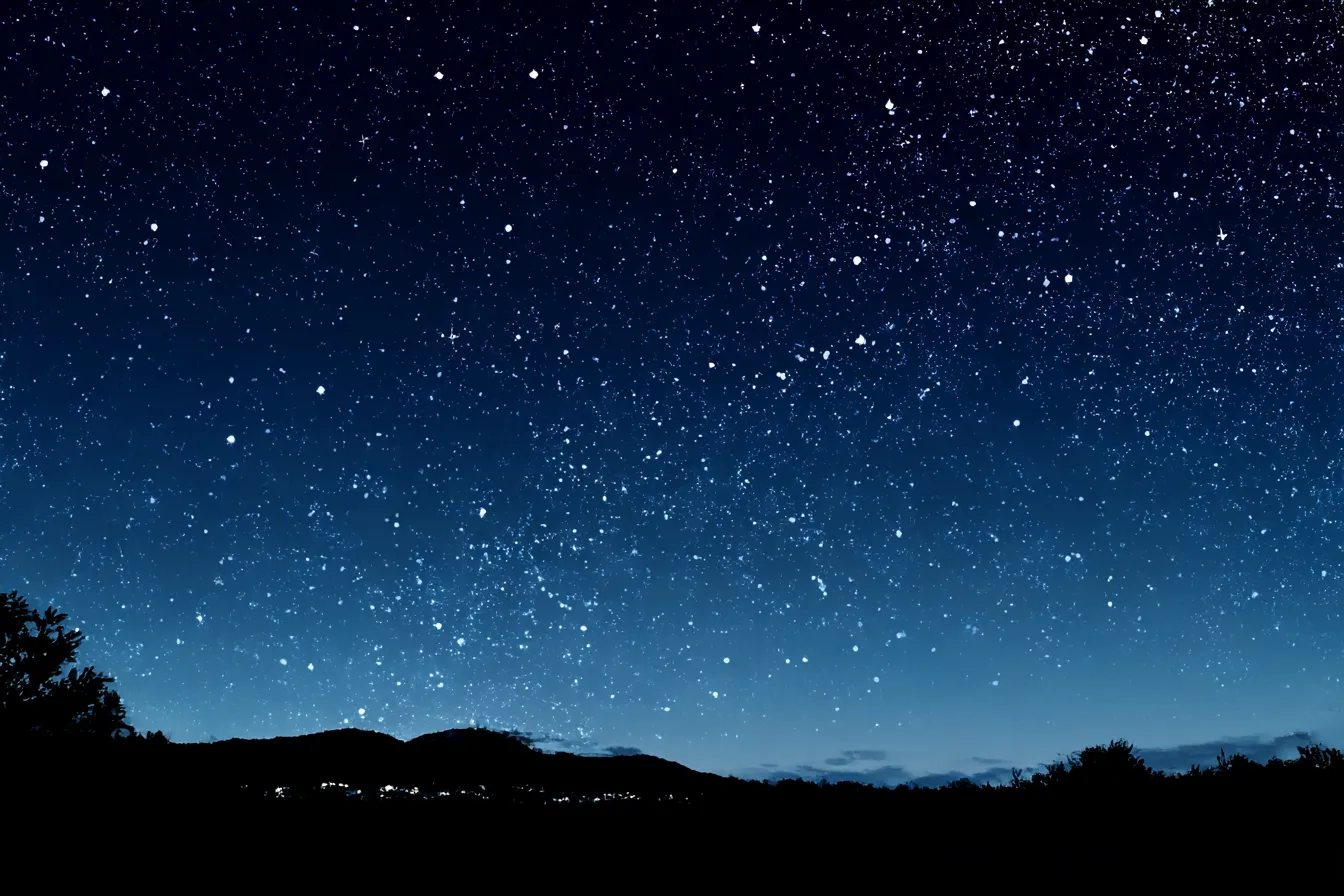 星空と山影のエモい背景｜濃紺から黒にかけてグラデーションする夜空に、無数の星がきらめく幻想的な風景。山影と静寂な空気感が心を落ち着かせ、切なさと希望が同居するようなエモい印象を与えます。