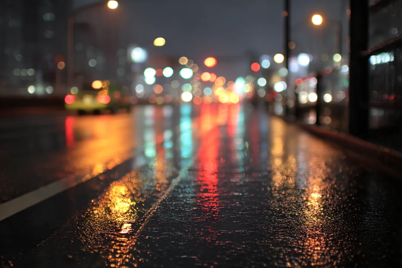 雨上がりの都市のエモい背景｜雨で濡れた路面に映る街の光が、ぼかしと反射で柔らかく広がり、どこか懐かしさを誘う構図。都会の孤独と優しさが交錯するようなエモーショナルな夜の表現です。