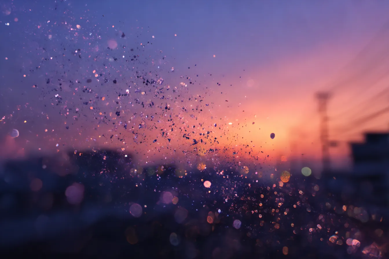 煌めく粒子の夕暮れエモい背景｜粒状の光とぼかしが漂う中、夕暮れの街並みが幻想的にぼんやりと浮かび上がる。現実と夢の境界のような雰囲気が、視覚的にも心情的にもエモい印象を深めます。