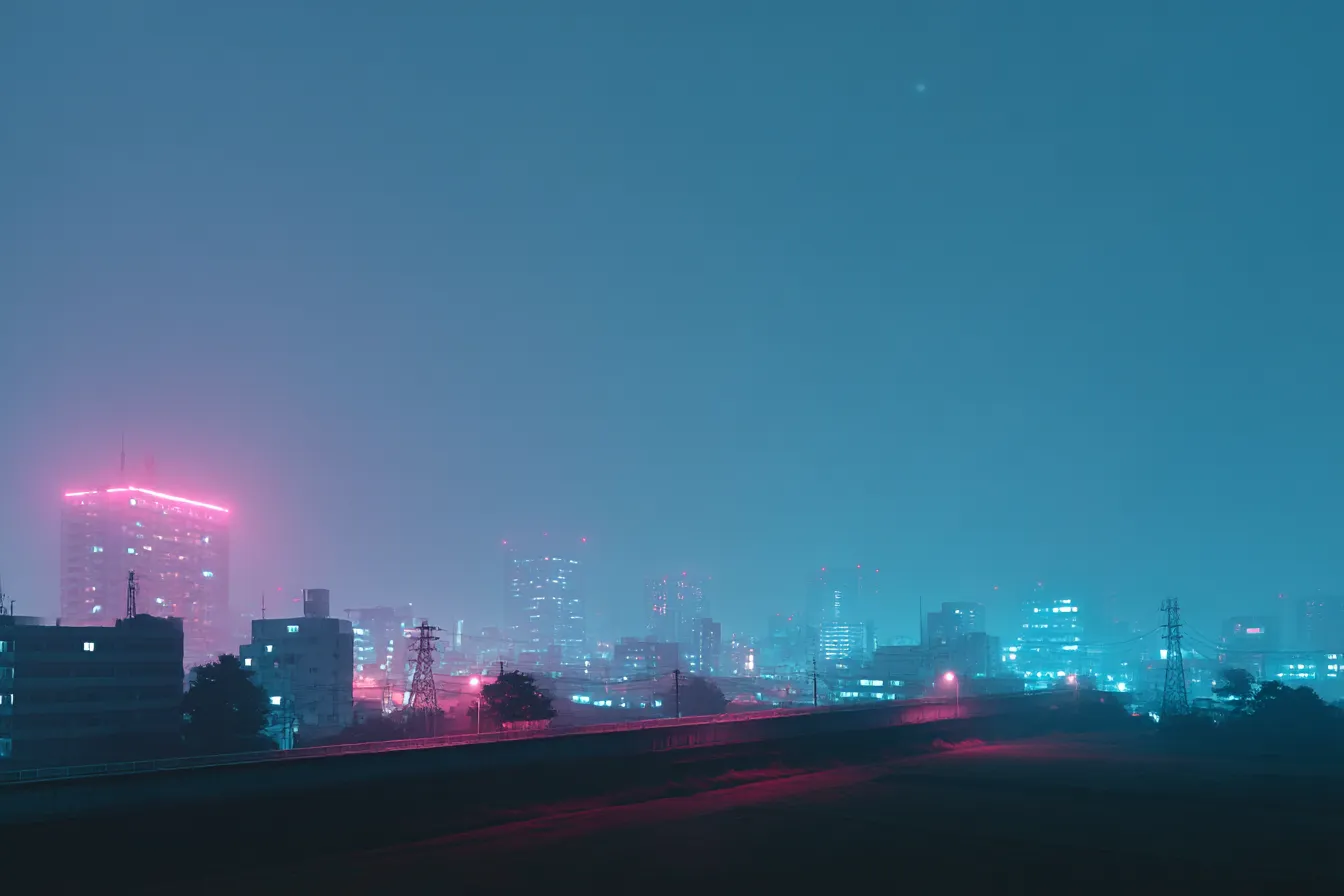 ネオンに霞む都市のエモい背景｜青とピンクのネオンが霧に包まれた都市を照らすサイバーパンク風景。人工的で無機質な光が逆に人間の感情を強調し、孤独さと未来感が交差するエモさを感じさせます。
