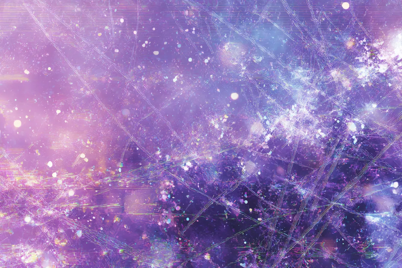 幻想的な光彩のエモい背景｜紫と青を基調にした抽象的な背景に、ひび割れやきらめく粒子が広がる。現実感が希薄な幻想世界のような印象で、夢や記憶の中に迷い込んだようなエモさを演出します。