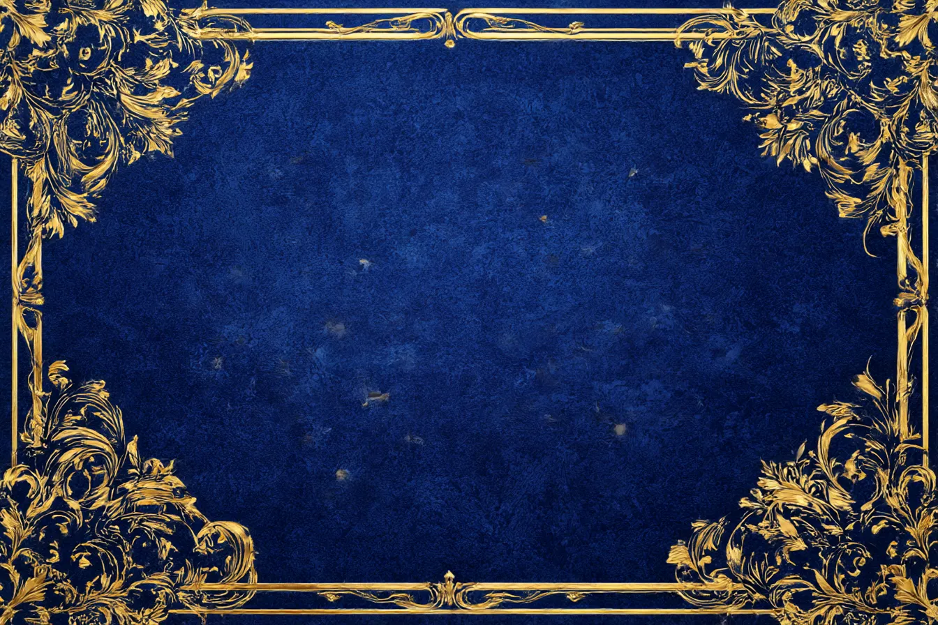 青と金のクラシック豪華背景｜濃紺のテクスチャ地に金色のバロック風フレームが施された構図。荘厳で優雅な印象を与え、王室のような格式と重厚感が漂う豪華なデザインです。