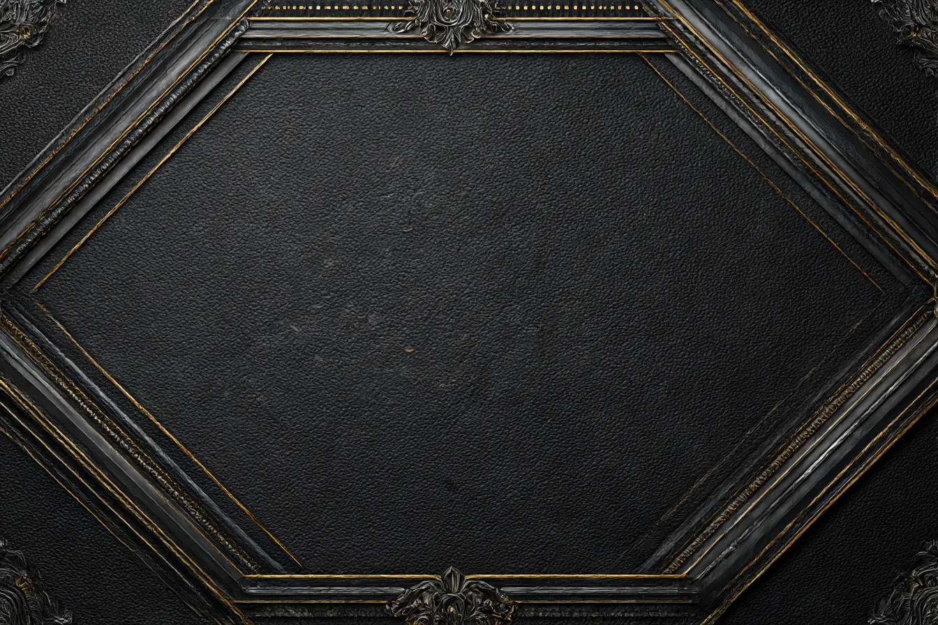 黒革フレームの重厚な豪華背景｜黒革の質感と八角形の装飾フレームが組み合わさった重厚な背景。無機質でありながらも金のアクセントが映え、静かなる威厳と洗練された豪華さを演出します。