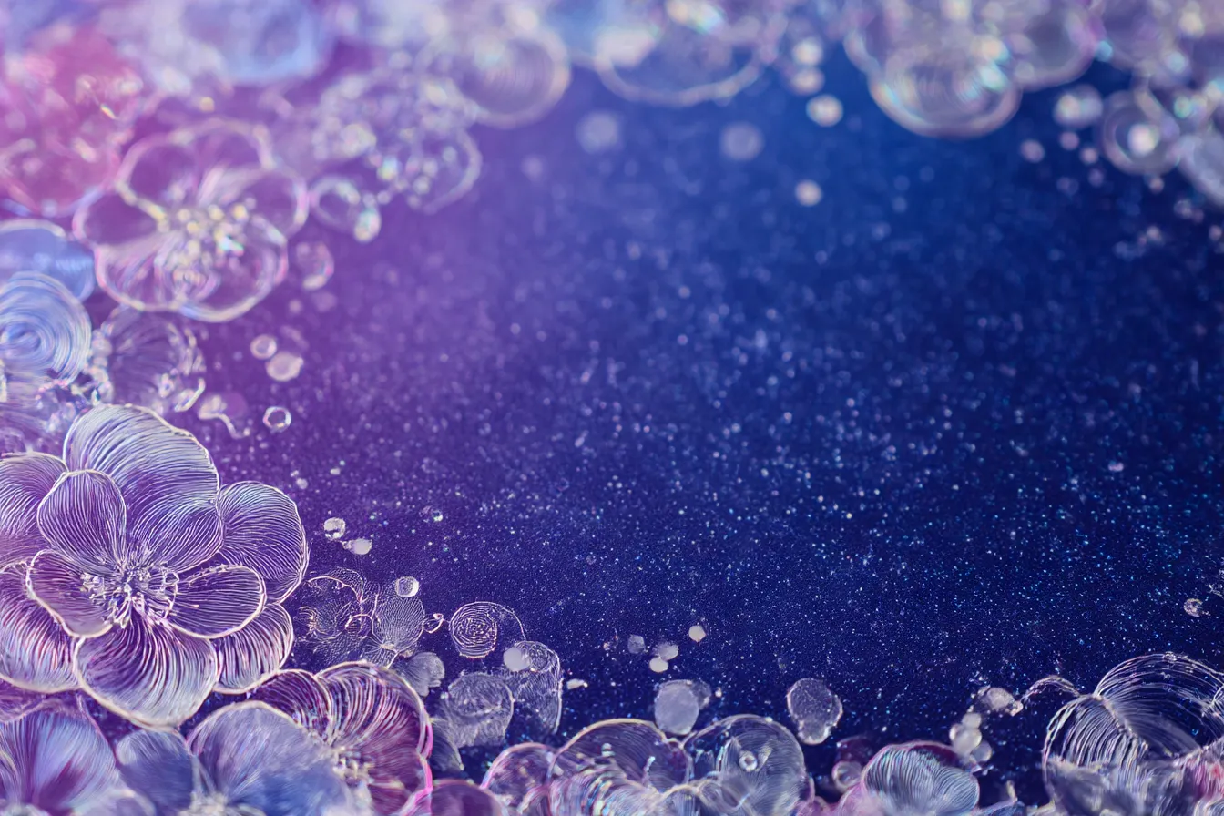 パープル花装飾の豪華背景｜紫と青のグラデーションに繊細な白い花が重なる幻想的なデザイン。柔らかく光を反射する質感がロマンティックで、上品な豪華さを感じさせる背景です。