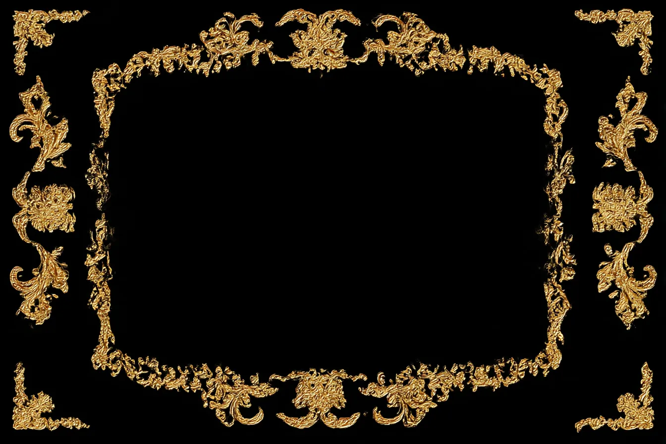 金装飾の黒背景クラシック豪華背景｜真っ黒な背景に重厚な金の装飾枠が映えるクラシックな構成。高級感と重みを併せ持ち、格式高い場面や荘厳な演出にふさわしい豪華さを放ちます。