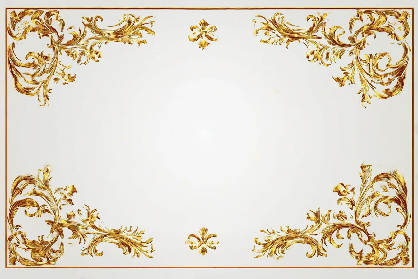 白と金の優雅な豪華背景｜白を基調にした背景に、緻密な金装飾が四隅を囲う構図。明るく清楚な印象を持ちながらも、繊細な装飾が気品と優雅な豪華さを際立たせます。