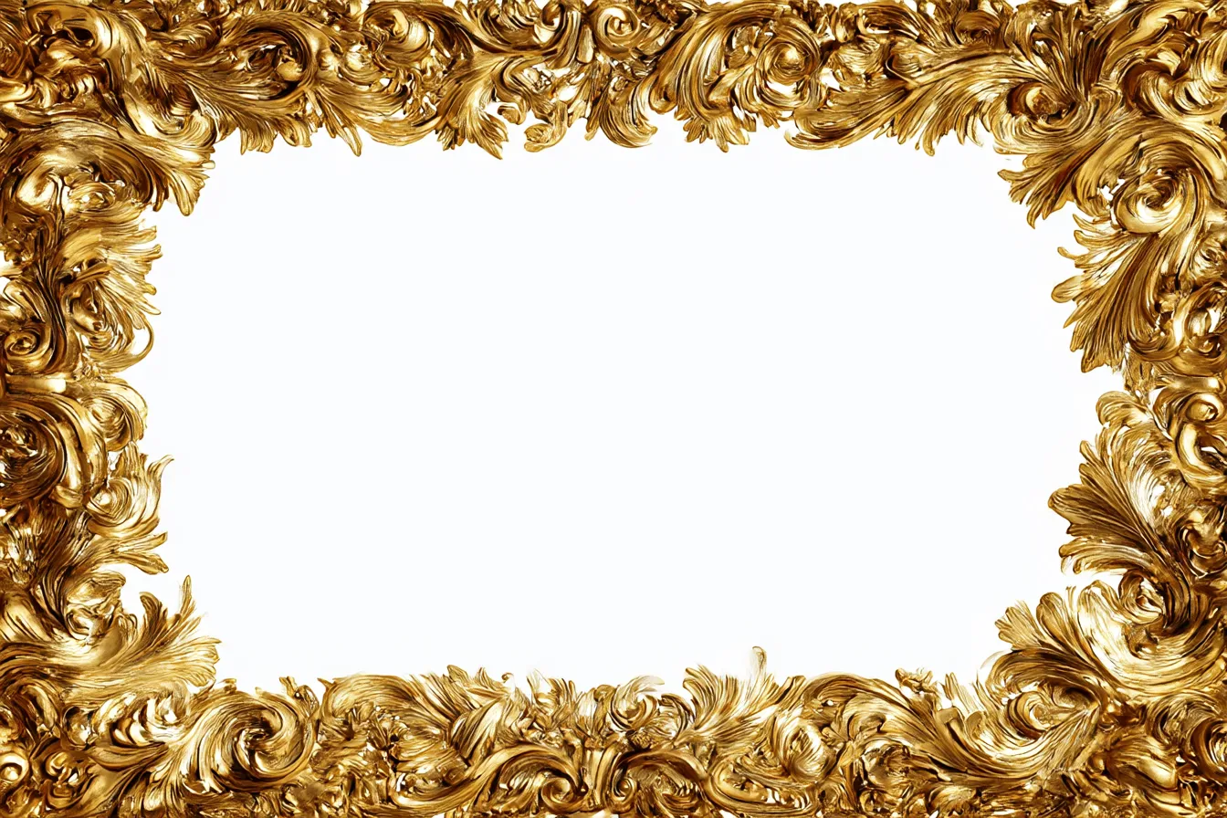 金装飾に囲まれたフレーム豪華背景｜白地を背景に立体感ある金の装飾が枠を覆う、豪華絢爛なデザイン。重厚かつ華やかな装飾が全面を包み、ゴージャスな雰囲気を際立たせています。