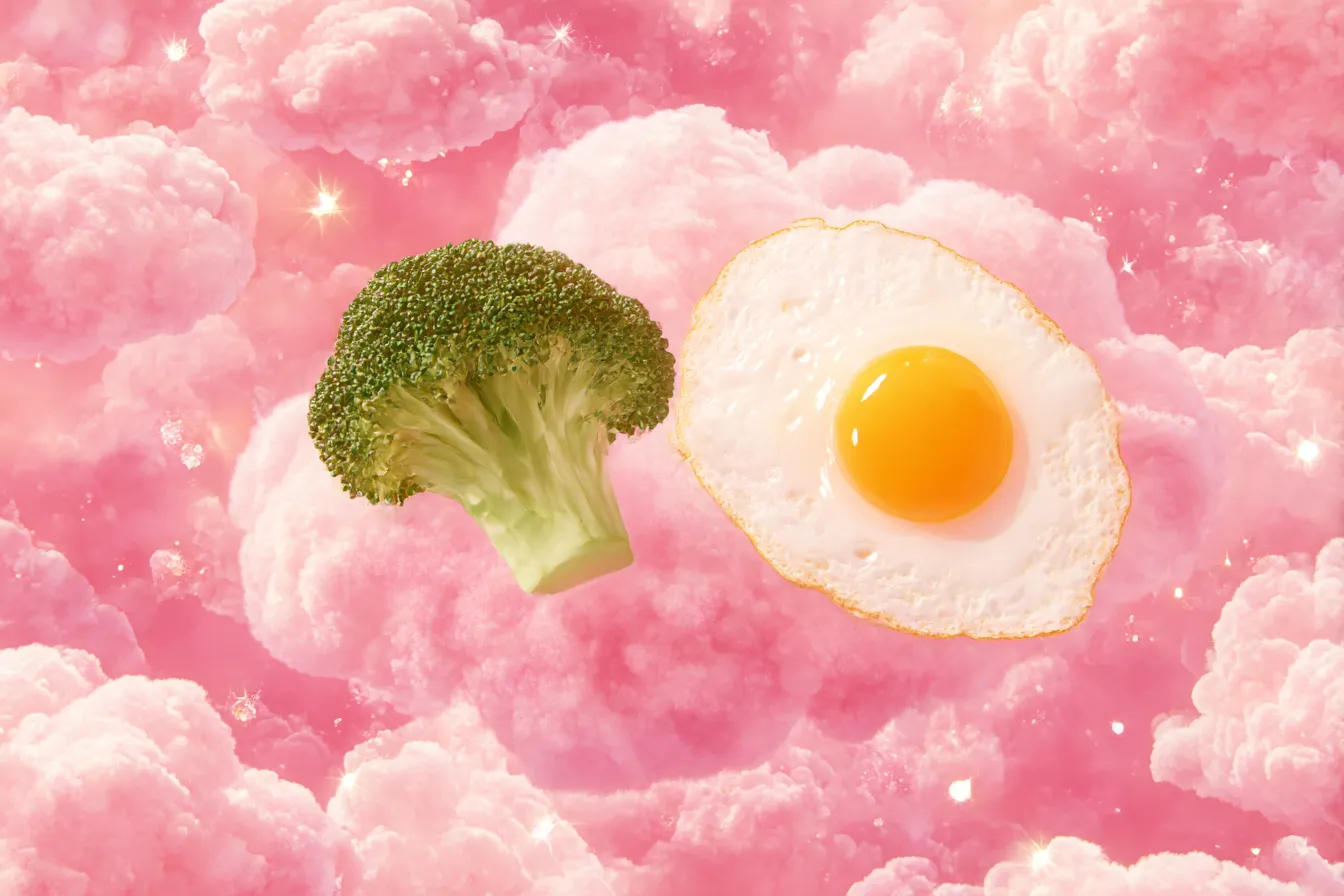 ブロッコリーと目玉焼きの面白い背景｜ふわふわのピンクの雲の中に、リアルなブロッコリーと目玉焼きが浮かぶ超現実的な構図。ファンタジックで遊び心満載の面白い世界観を表現した背景です。
