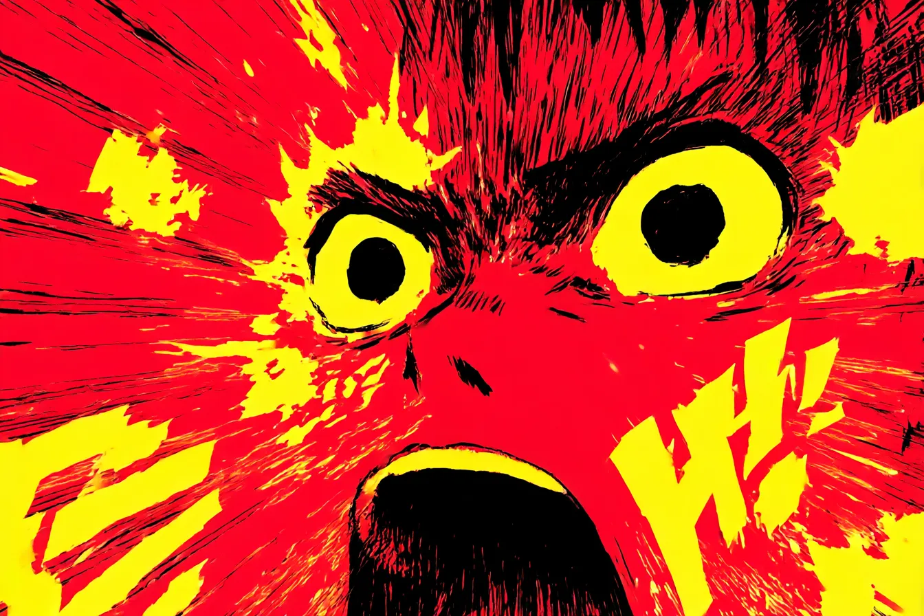 叫ぶ顔の爆発的な面白い背景｜目を見開き絶叫する顔が爆発するように画面を覆う、強烈なインパクトの背景。赤と黄のビビッドな配色が視覚を刺激し、狂気的な面白さと迫力が際立ちます。