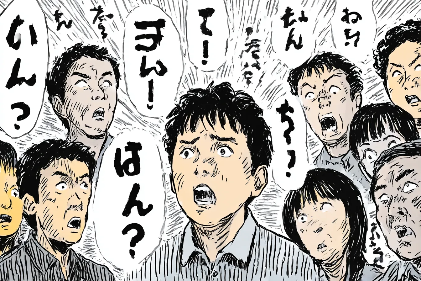 驚く群衆のシュールな面白い背景｜表情豊かな人物たちが一斉に驚きの声を上げる群衆のイラスト。細かい描写とセリフの混在がマンガ的で、混乱と笑いが入り混じる面白い雰囲気を醸し出しています。