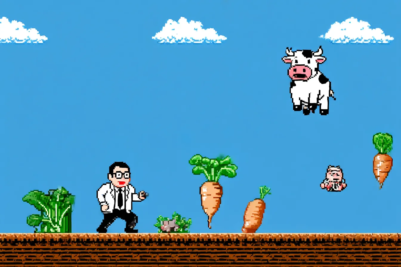ドット絵の博士と牛の面白い背景｜ドット絵で描かれた博士や空飛ぶ牛、野菜が散りばめられたゲーム風の構図。懐かしい8bit感と謎の世界観が笑いを誘う、レトロで面白い背景です。