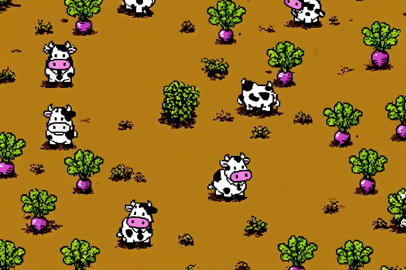牧場の牛と野菜の面白い背景｜茶色の大地にドット絵の牛と野菜がランダムに配置された、ユーモア満載の背景。レトロゲーム感覚と牧歌的な設定が融合した、不思議で面白い世界を演出しています。