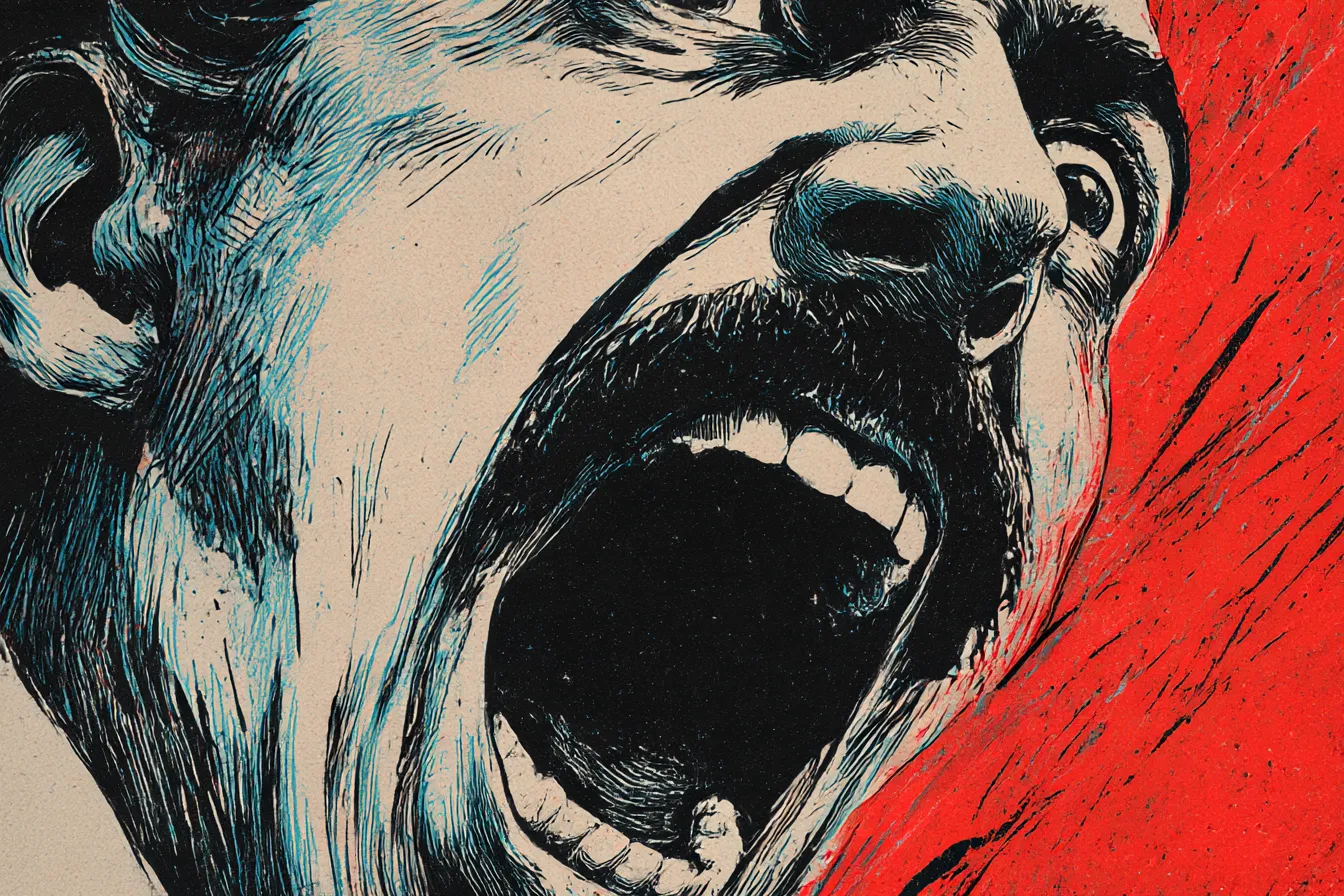 絶叫する男のド迫力な面白い背景｜リアルな筆致で描かれた男性の絶叫顔が画面を覆う構図。赤と青の色彩が緊張感を煽りつつも、過剰な演出が逆に面白さを引き立てるシュールな印象の背景です。