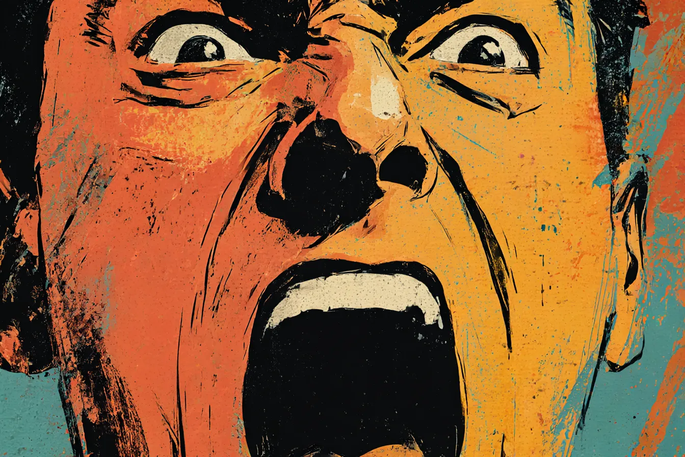 オレンジ顔の怒り爆発な面白い背景｜激しい怒りを顔に宿した男性のクローズアップ。コミック風の筆致と荒々しい線画が感情を爆発させつつも、どこかユーモラスで面白いテンションを演出しています。