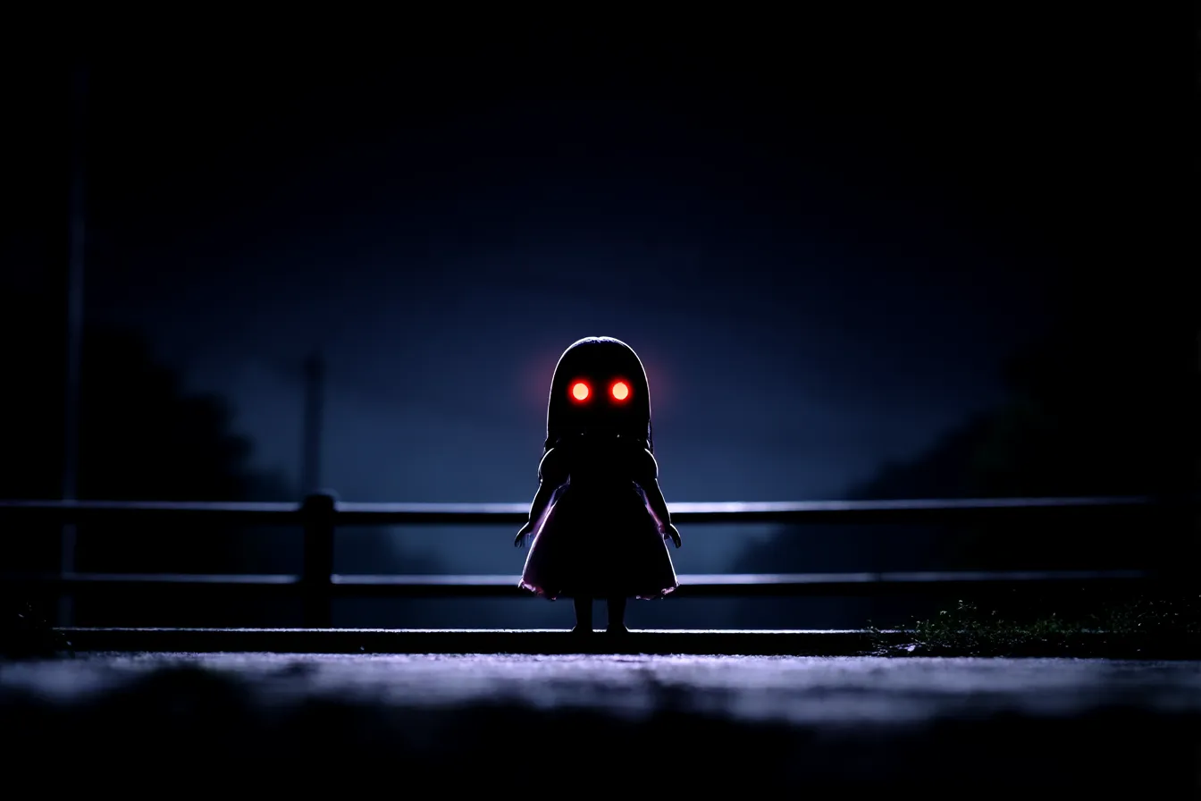赤い目の少女が佇むホラー背景｜真っ暗な夜道にぽつんと立つ少女が、真っ赤に光る目でこちらを見つめる不気味な構図。照明とシルエットのコントラストが恐怖を引き立てる、静寂と狂気のホラー背景。