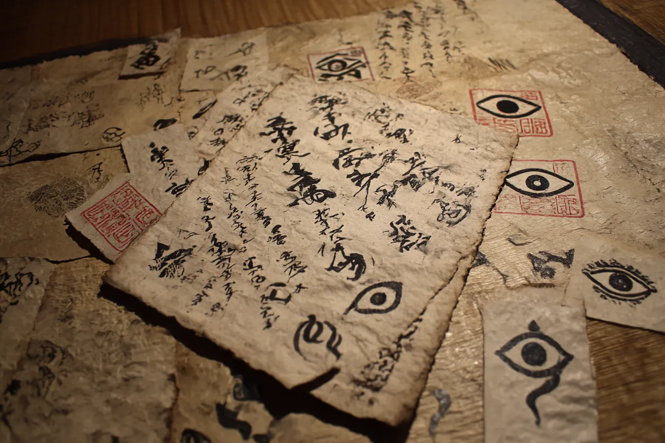 呪文が刻まれた紙片のホラー背景｜古びた和紙に描かれた文字や目の印が、呪術的で不気味な印象を放つ構図。筆跡の強弱や朱印のアクセントがリアルな迫力を添え、呪いや怪異を想起させるホラー背景です。