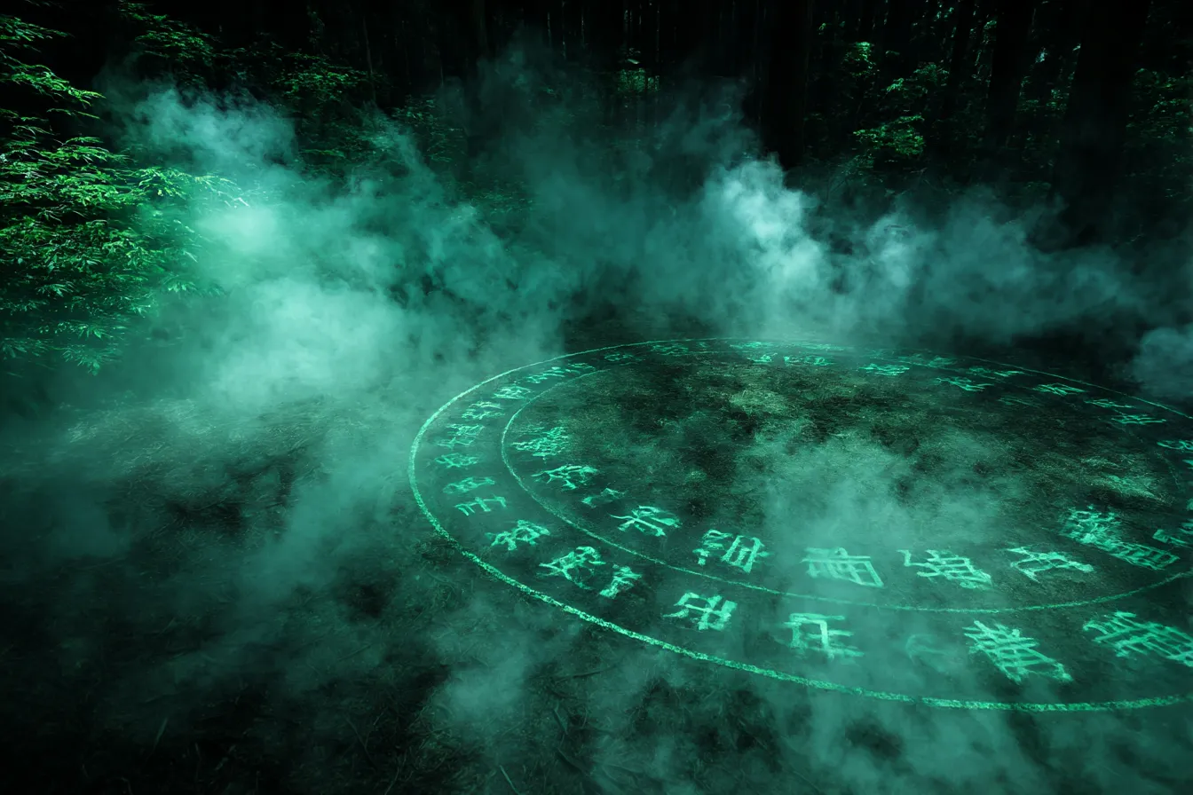 森の魔法陣と霧のホラー背景｜濃密な森に広がる魔法陣が緑に発光し、靄と共に異界感を演出する構図。漢字風の文字とサークル状の模様が呪術や儀式を彷彿とさせる、幻想的かつ不気味なホラー背景。