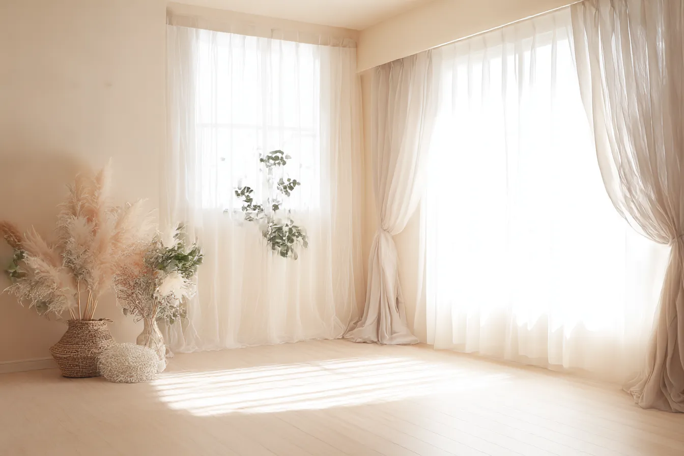 韓国インテリア風・光あふれる背景|淡いベージュとやわらかい光で包まれたナチュラルテイストの室内背景。韓国カフェやルーム系イラストとの相性抜群で、静かで清潔感ある雰囲気を演出できます。