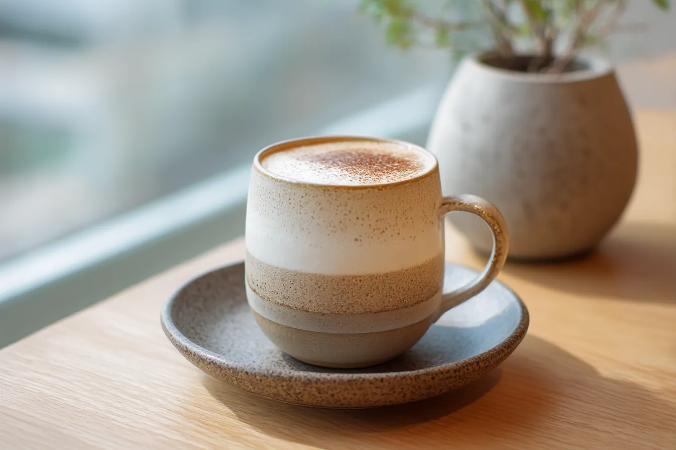 カフェラテと器の韓国背景|陶器の質感とナチュラルウッドが心地よい、韓国カフェを思わせる構図。ふんわりとした光の演出で、温かみとリラックス感を併せ持つ背景に仕上がっています。